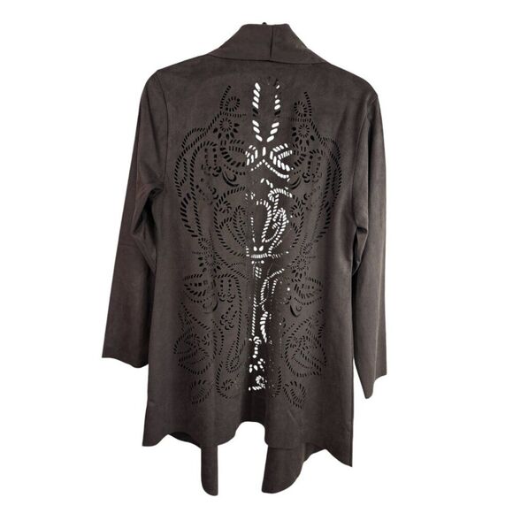 Soft Surroundings Faux Suede Jacket Open Front Brown Laser Cut Sz M Boho Western - Picture 4 of 10